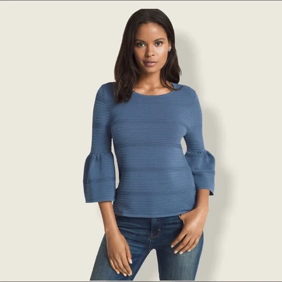 WHBM Blue Drama Bell Sleeve Pointelle Sweater - Picture 2 of 7